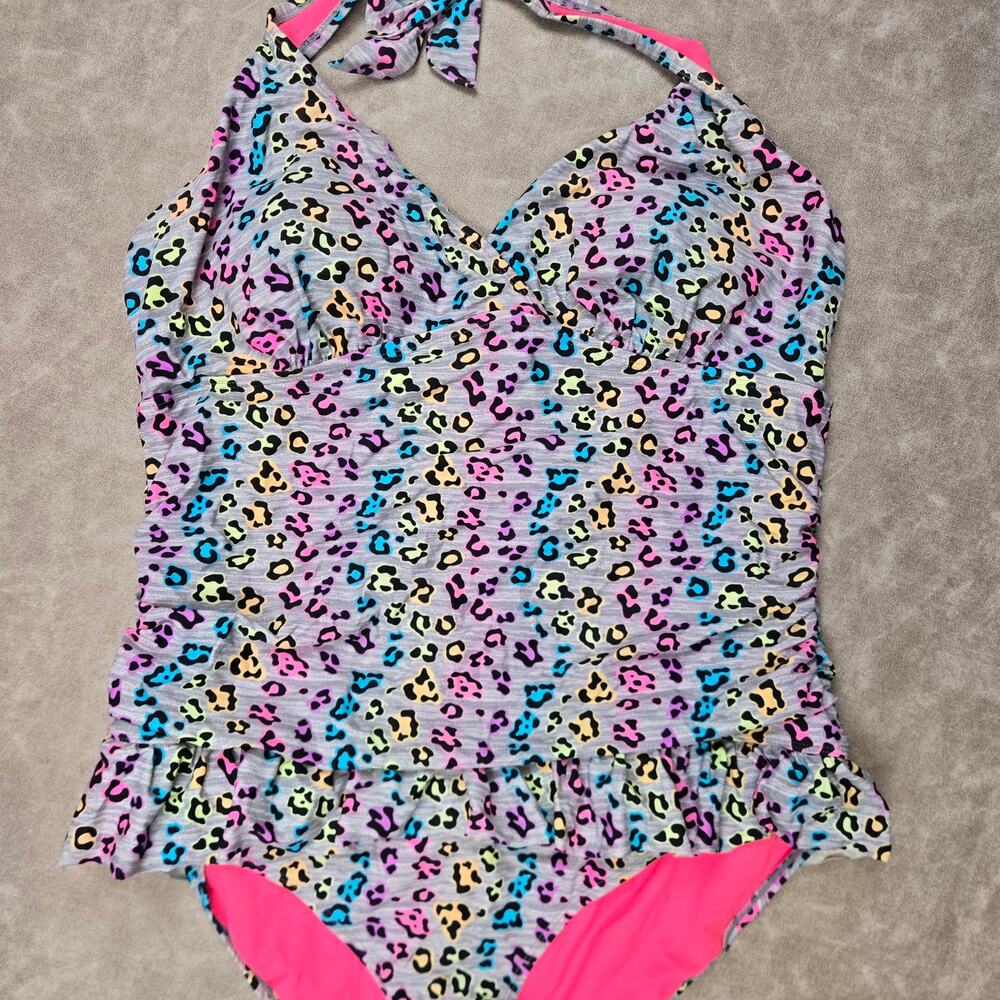 Joe Boxer Swimsuit 2X Plus Size One Piece Neon Leopard Print Ruffle Halter Pink